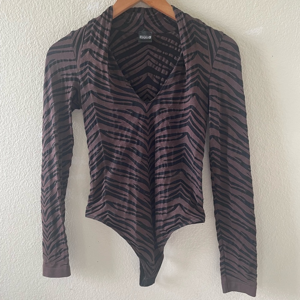 Wolford Black & Brown Tiger Stripe Long Sleeve Thong Bodysuit/ small - Picture 15 of 16